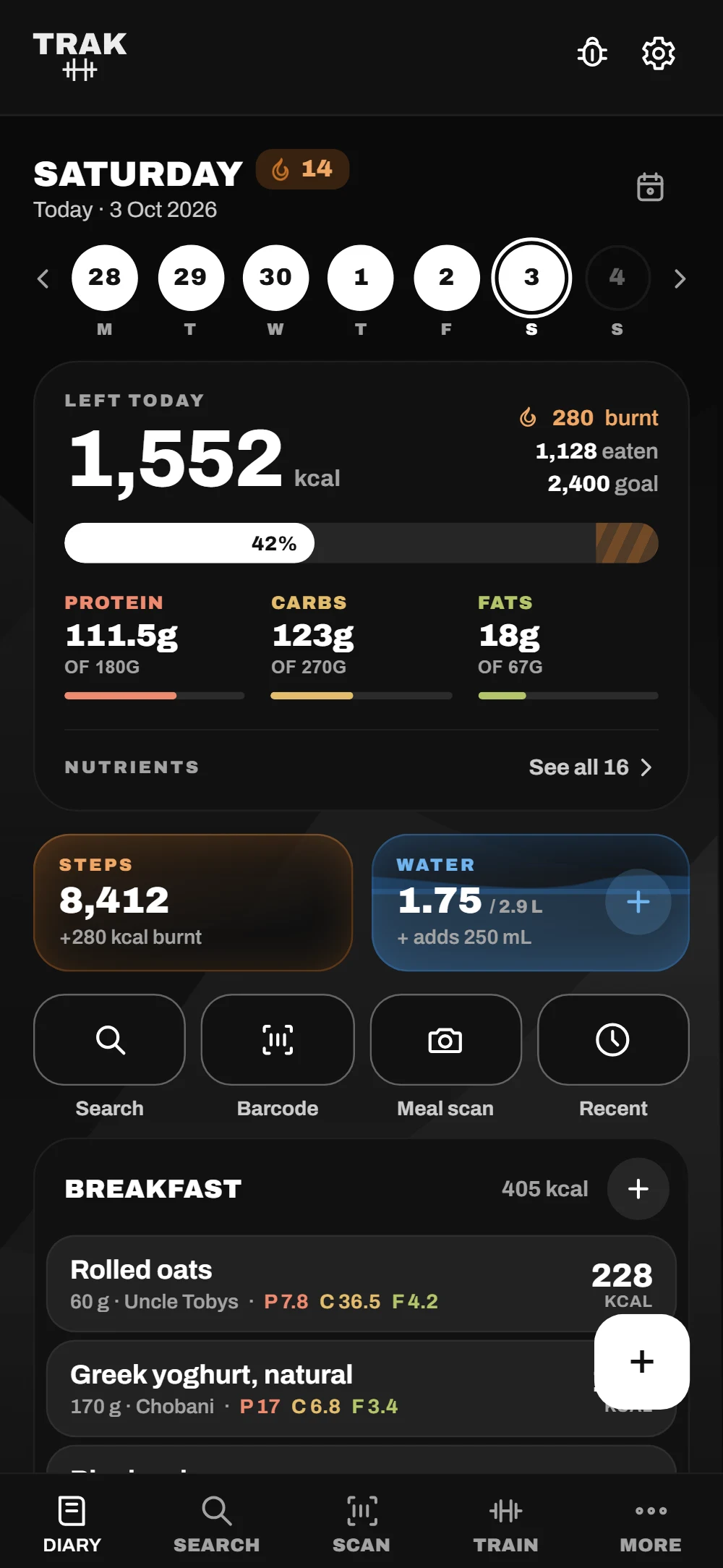 The TRAK diary: 1,552 kcal left of 2,400, burnt and eaten beside it, protein, carbs and fats, steps and water, quick search, barcode, meal scan and recent buttons, and breakfast logged.
