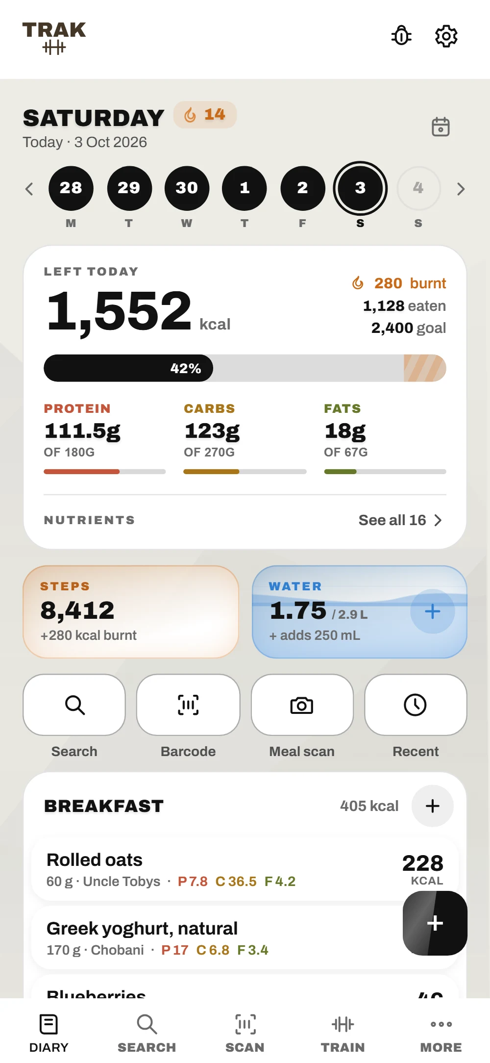 The TRAK diary in light mode.