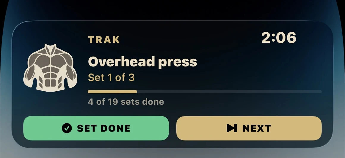 Lock screen Live Activity during a set: overhead press, set 1 of 3, with Set Done and Next buttons.