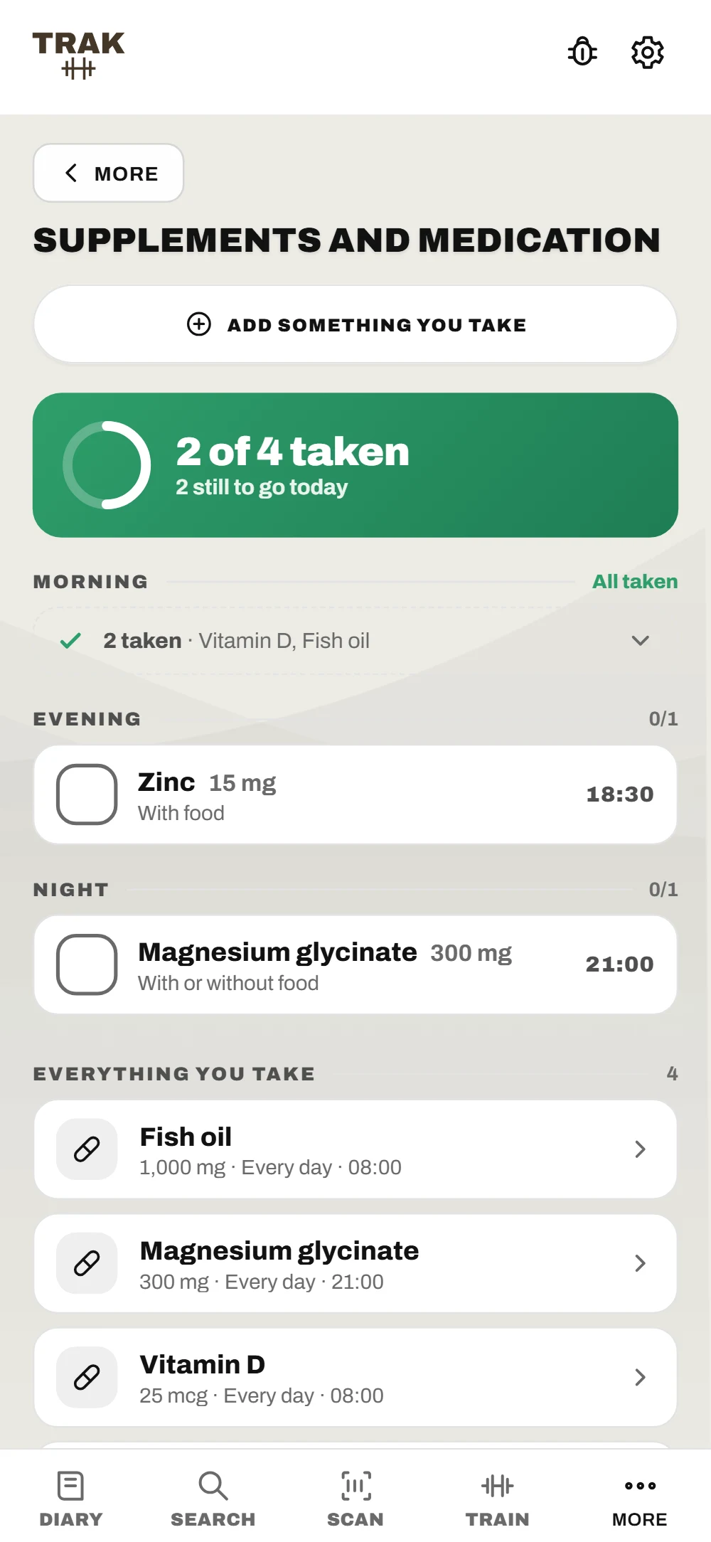 The supplements screen: two of four taken today, vitamin D and fish oil ticked in the morning, zinc due in the evening and magnesium at night.