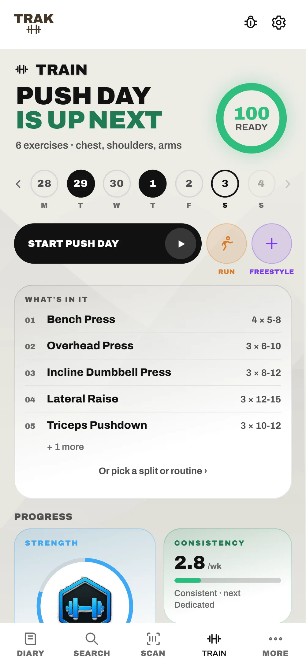 The train screen: push day is up next with a readiness ring at 100, this week's training days, a start button beside run and freestyle, and the exercises in the workout.